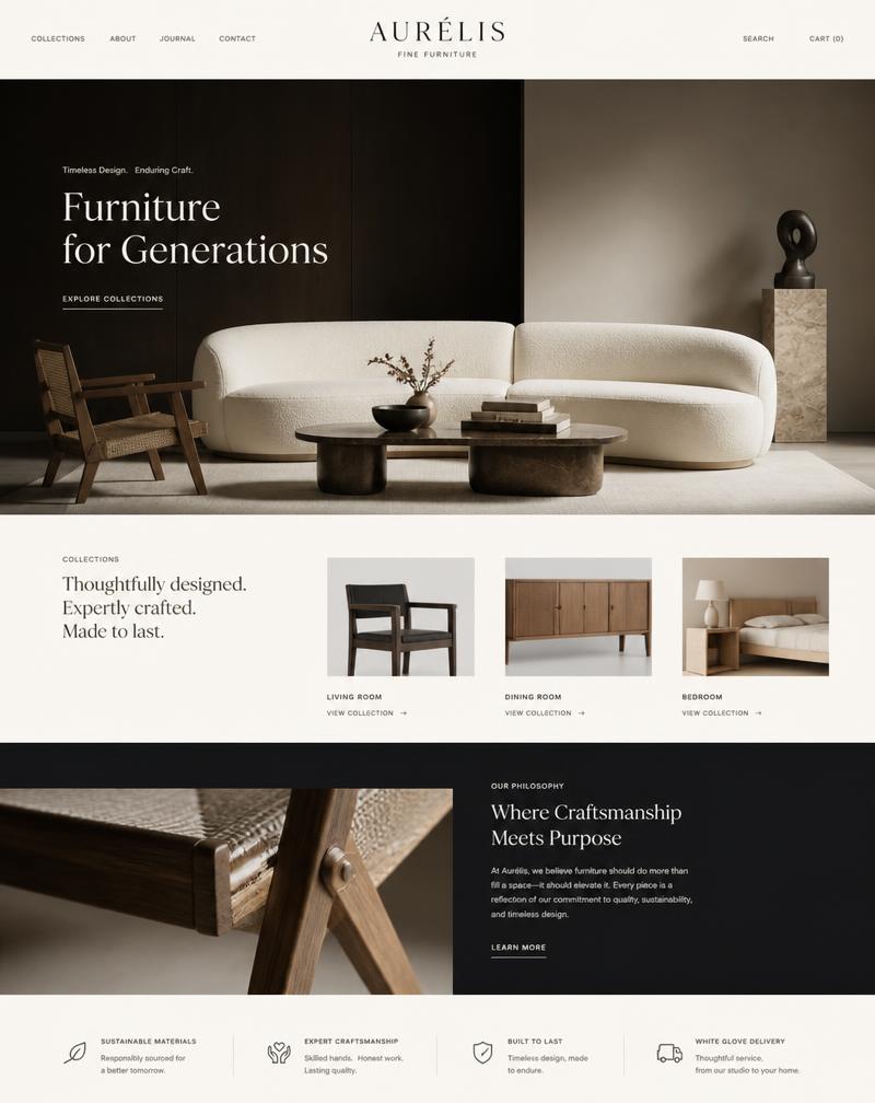 Mockup de web editorial para marca de mobiliario de lujo